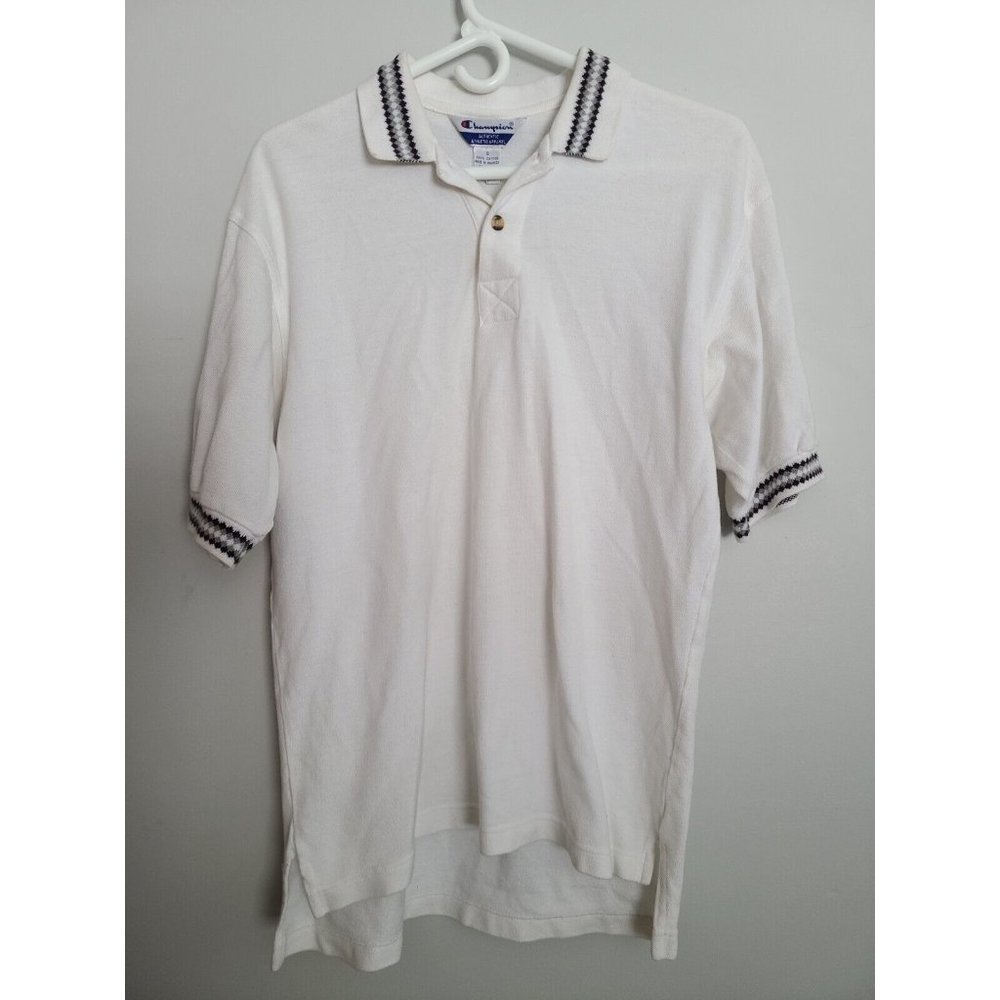 Vintage Champion Polo Shirt White Black Grey Short Sleeve Logo Size Small